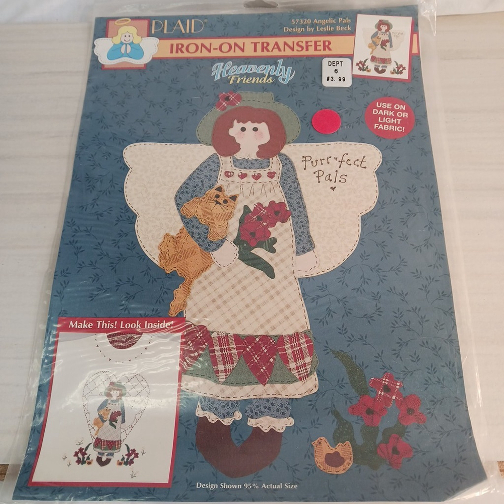 Plaid Enterprises Iron On Transfer Angel and Cat Vintage 1995